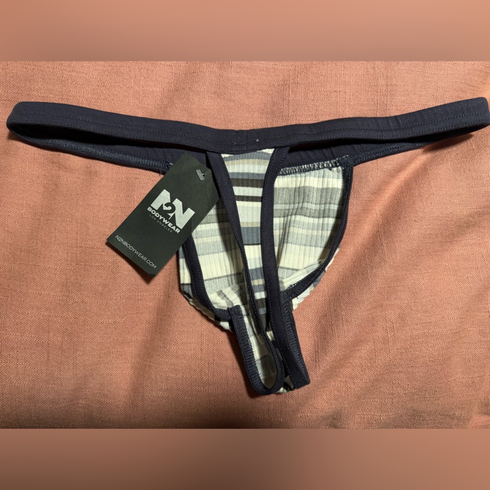 N2N Bodywear Men's Retro Stripe G String Thong Underwear, Size XL Grey NWT - Picture 2 of 2